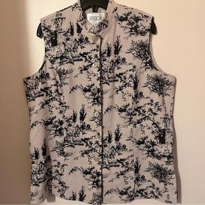 Linen Blend Sleeveless Toile Print Button Up Top